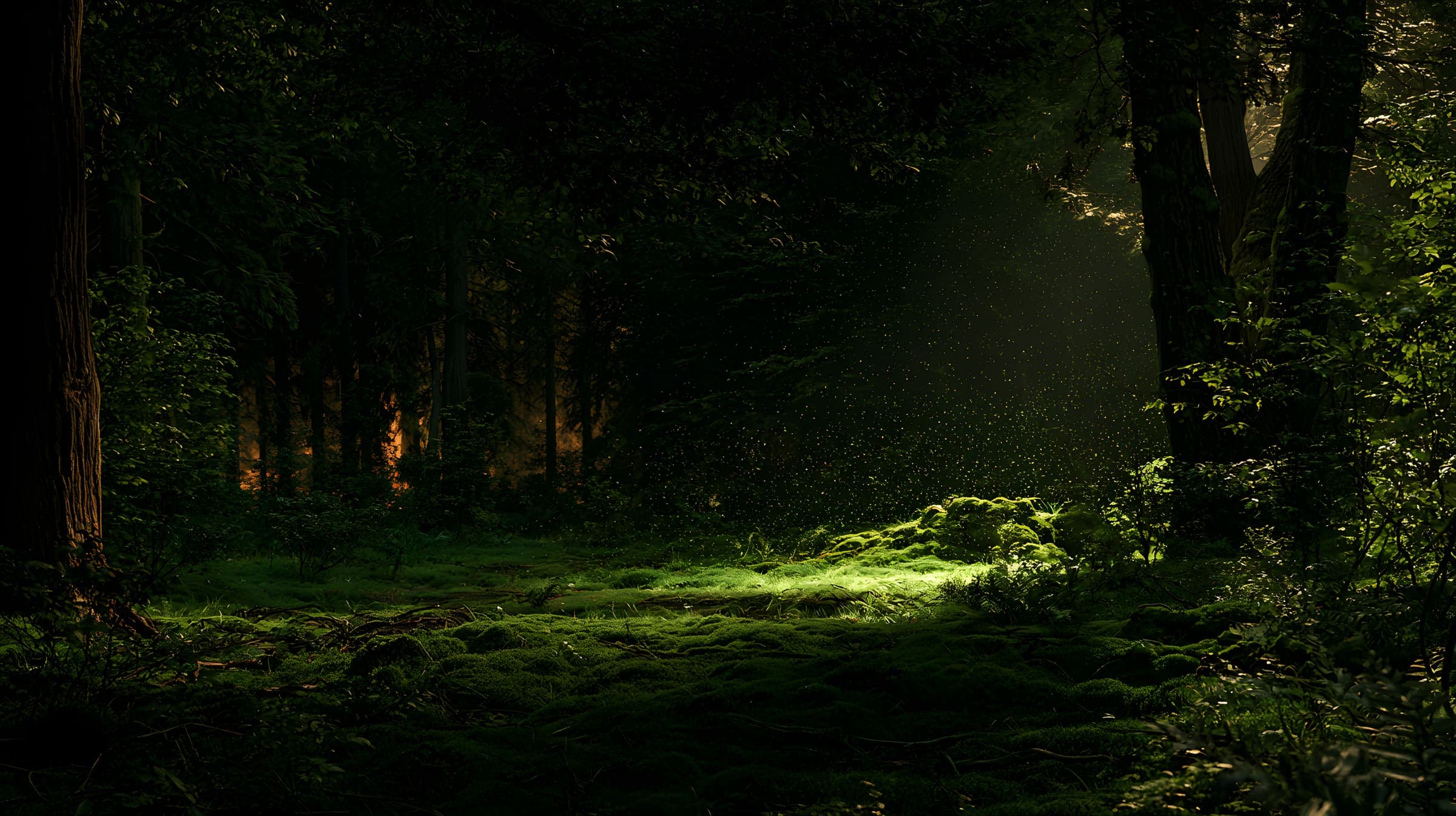 Clairière forestière nocturne éclairée par la bioluminescence